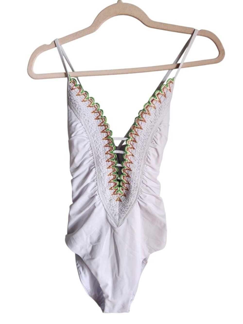 Becca Swimsuit Medium White Women's Layla Plunge One Piece Bathing Suit NEW